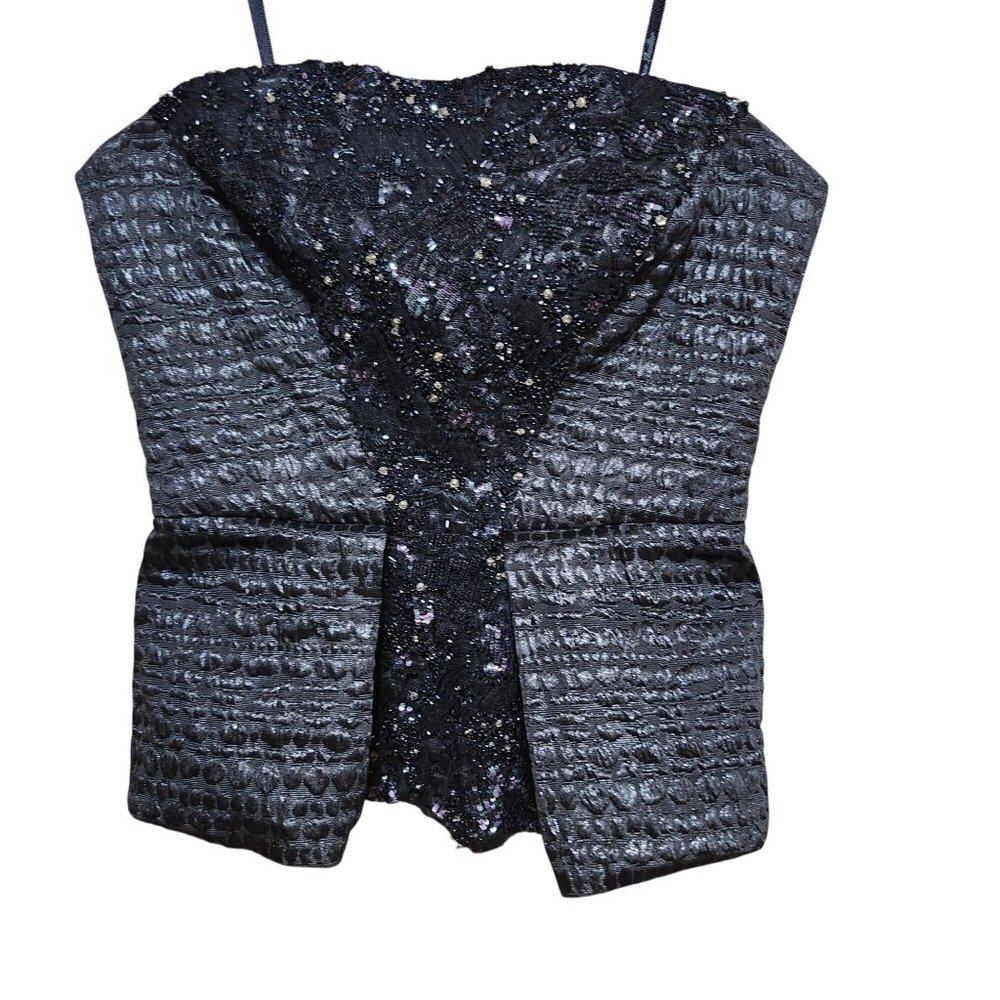 Monique Lhuillier Womens 6 Black Strapless Peplum Top Beaded Textured Zip USA - Picture 4 of 14